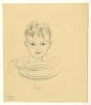 39697 Afbeelding van een jongetje, Koos geheten, met een bord met eten voor zich in de uitdeelpost Paulushuis te Utrecht.